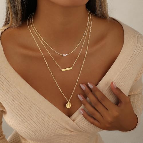 Layered Necklaces for Women 14K Gold Plated Stack Circle Pendant Trendy Long Chain Stackable Handmade Coin Necklace Set Dainty Gold Stacked Jewelry Gifts - color: Gold-4