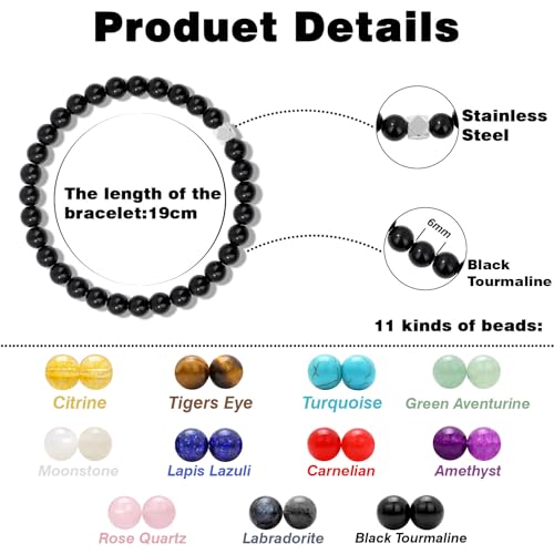 Raicegs 4 6 8MM Beaded Bracelets Healing Crystal Bracelet for Women Men Natural Stone Handmade Stretch Bracelet Reiki Spiritual Jewelry - color: Black Tourmaline, size: 6mm