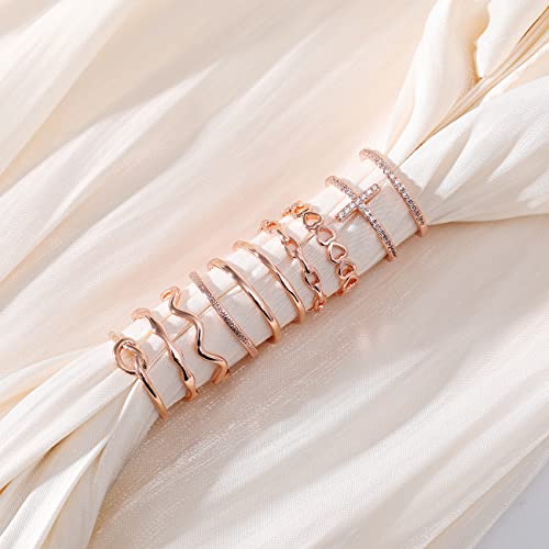 ZOERAY Gold Silver Stackable Rings for Women Non Tarnish CZ Ring Set | 10PCS 14K Gold Plated, Dainty Stacking Band Rings, Cross Wave Paperclip Knot Knuckle Thumb Ring, Jewelry Gifts, Size 4-11 - color: Rose Gold