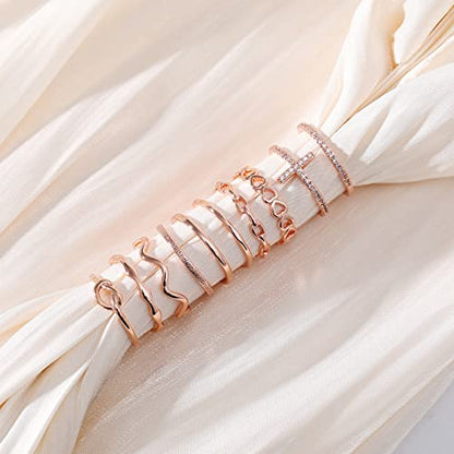 ZOERAY Gold Silver Stackable Rings for Women Non Tarnish CZ Ring Set | 10PCS 14K Gold Plated, Dainty Stacking Band Rings, Cross Wave Paperclip Knot Knuckle Thumb Ring, Jewelry Gifts, Size 4-11 - color: Rose Gold