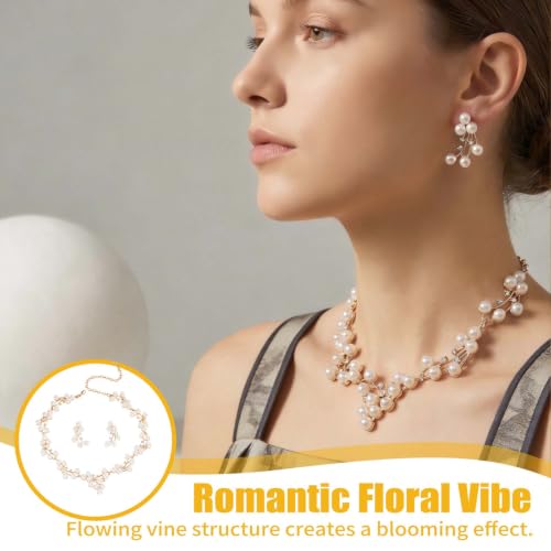 Faux Pearl Bridal Jewelry Set,Necklace Earrings Wedding Set | Vintage Flower Design, Hypoallergenic, Lightweight.