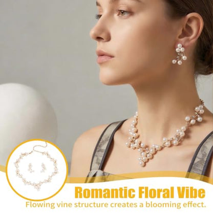 Faux Pearl Bridal Jewelry Set,Necklace Earrings Wedding Set | Vintage Flower Design, Hypoallergenic, Lightweight.