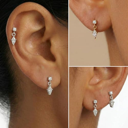 Flat Back Earrings for Women Cartilage Helix | Comfortable Dainty Cute Dragon Bee Bird Phoenix Dragonfly Cute Animal Leaf Spiral Rhombus Design Flatback Stud Earrings - color: silver dangle