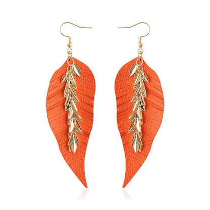 KINIVA Leather Dangle Earrings for Women Trendy, Lightweight Leaf Circle Lightning Earrings Drop, Jewelry Gifts for Women - color: 243 Orange