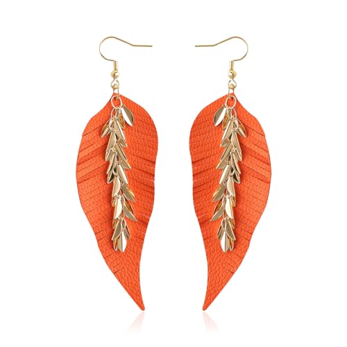 KINIVA Leather Dangle Earrings for Women Trendy, Lightweight Leaf Circle Lightning Earrings Drop, Jewelry Gifts for Women - color: 243 Orange