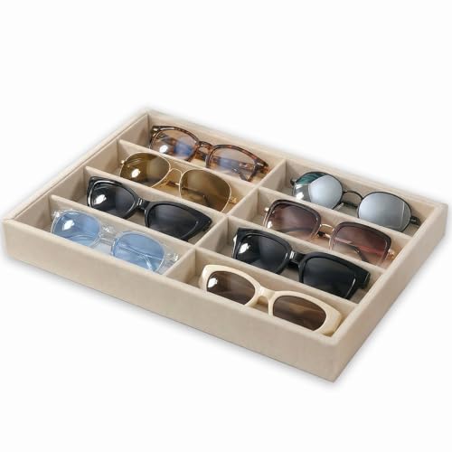 Sunglass Organizer Beige Velvet Glasses Trays for Drawer Eyeglasses Watches Jewelry Display Sunglass Box- Men Women (8 Grids) - color: Sunglass Box
