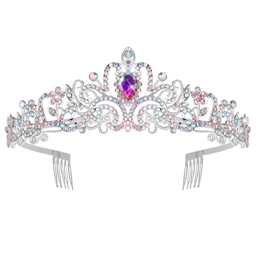 Silver Tiara and Crown for Women，Jeweled Elegant AB Rhinestones Princess Tiara Costume with Combs Bridal Wedding Prom Birthday Aurora Crown and Rapunzel Girls Tiara gifts for women - color: Si1ver