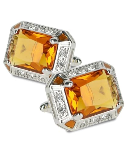 Big Rectangular Colored Crystal Cuff Links for Men – Tuxedo Suit Accessories, Cufflinks for Men - style: Yellow/Silver