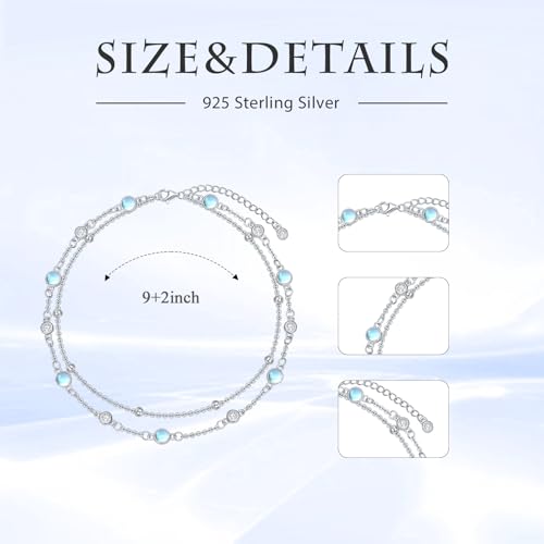 HPQQ Anklets for Women 925 Sterling Silver Natural Stone Layered Anklet Beach Summer Fine Jewelry Birthday Mothers Day Gifts for Women Mom Her - color: Moonstone 9"-11"