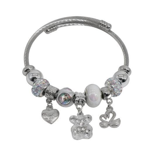 Charm Bracelets for Womens,Exquisite Cute Cartoon Friendship Silver Bracelets Stainless Steel Bangle, Womens Jewelry Suitable for Holiday Gifts and Birthday Gifts - color: Pearl Bear Bracelet