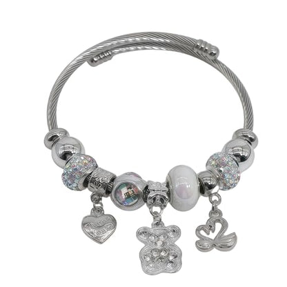 Charm Bracelets for Womens,Exquisite Cute Cartoon Friendship Silver Bracelets Stainless Steel Bangle, Womens Jewelry Suitable for Holiday Gifts and Birthday Gifts - color: Pearl Bear Bracelet