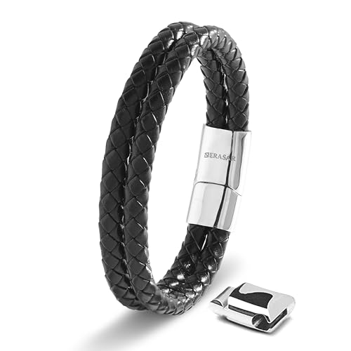 SERASAR Premium Leather Bracelet Men | Stainless Steel Magnetic Clasp | Three Colors | Jewelry Box Included - color: Silver, size: 23cm, style: Double