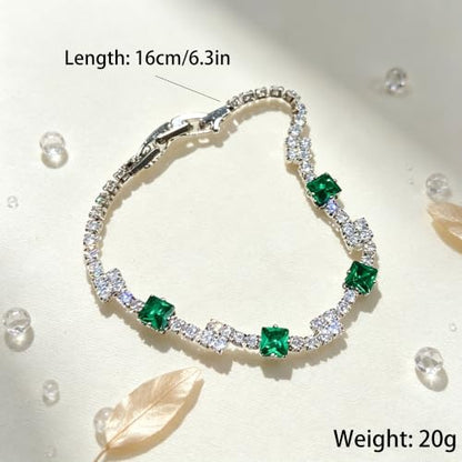 Women's Dainty Pink CZ Tennis Bracelet, 14K Gold Plated Sparkling Cubic Zirconia Chain Bracelet, Delicate Jewelry, Gift for Birthday, Wedding, Anniversary, Suitable for Party, Daily Wear - color: Green