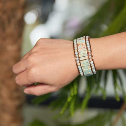 YGLINE Boho Handmade Natural Stone Bead 3 Row Wide Wrap Wrist Statment Bracelet Jewelry Collection - color: new-Agalmatolite