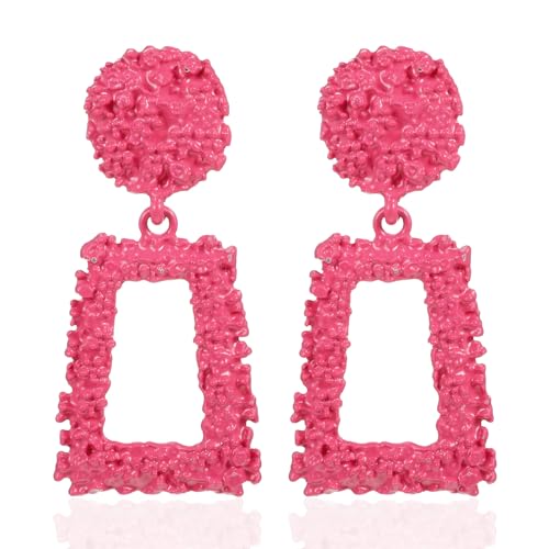 Clip on Earrings for Women, Big Statement Geometric Earrings Large Shiny Drop Dangle Earrings Non Pierced (Gold/Silver/Hot Pink) - color: Hot pink