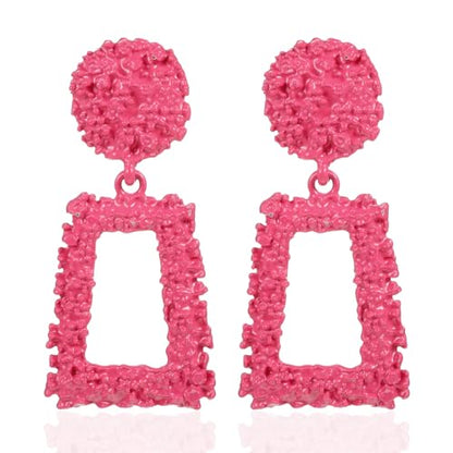 Clip on Earrings for Women, Big Statement Geometric Earrings Large Shiny Drop Dangle Earrings Non Pierced (Gold/Silver/Hot Pink) - color: Hot pink