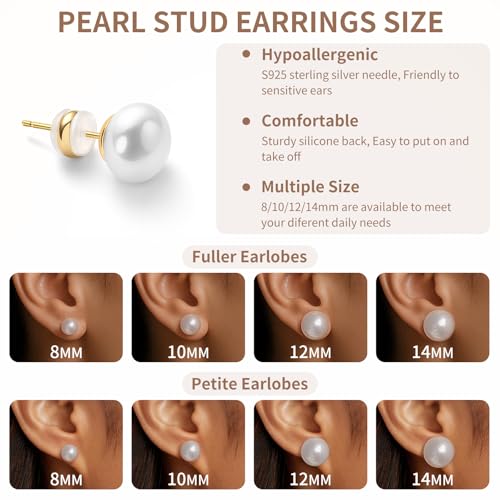 Simulated Pearl Stud Earrings for Women | S925 Sterling Silver Posts, Hypoallergenic Lightweight Classic Elegant Pearl Jewelry Gift, 8/10/12/14mm - color: White, size: 10mm
