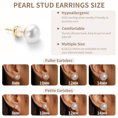 Simulated Pearl Stud Earrings for Women | S925 Sterling Silver Posts, Hypoallergenic Lightweight Classic Elegant Pearl Jewelry Gift, 8/10/12/14mm - color: White, size: 10mm