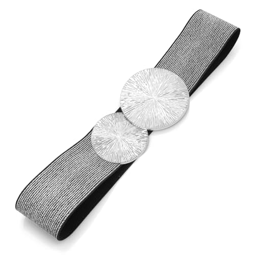 Women Wide Stretchy Waist Belts Elastic Cinch Belt for Dresses - color: Bling Black Silver Band Silver Buckle, size: Fit Waist 28"-30"