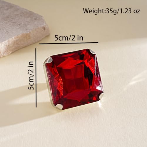 Chunky Oversized Huge Square Open Ring for Women Artificial Crystal Rhinestone Band Rings Statement Geometry Exaggerated Adjustable Cocktail Party Jewelry - color: Red