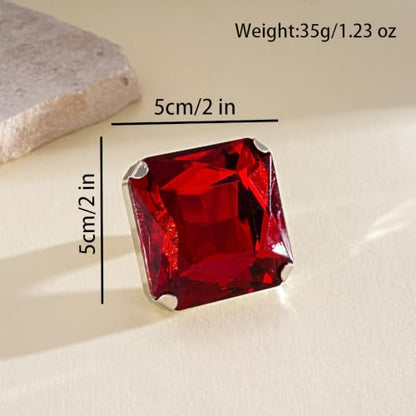 Chunky Oversized Huge Square Open Ring for Women Artificial Crystal Rhinestone Band Rings Statement Geometry Exaggerated Adjustable Cocktail Party Jewelry - color: Red