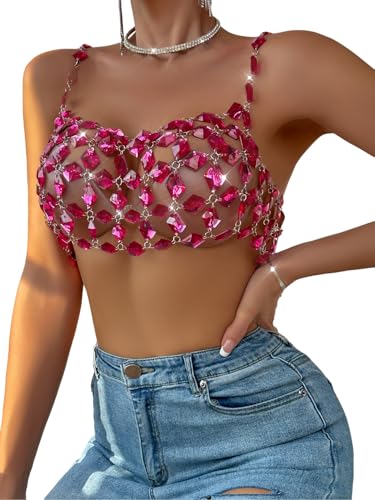 Rhinestones Body Chain Suit Silver Crystal Bikini Bra Underwear Sexy Sparkly Party Body Jewelry Accessories for Women - color: Rose Red