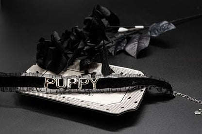 Women's Black Velvet Lace Letter Choker Collar for Halloween, 15-inch | Made of Velvet Lace Ribbon and Silver Letter Charms, Lobster-claw Closure, Daily Gothic Style, Avoid Water & Perfume - color: PUPPY