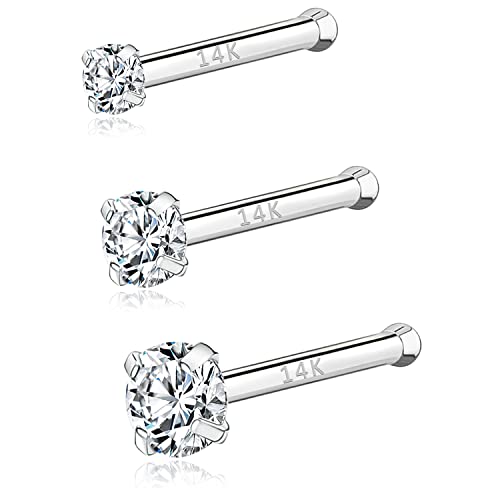 PunkTracker 20g 14K Real Gold Nose Rings CZ Simulated Diamond Nose Studs | Hypoallergenic Nostril Nose Piercing Jewelry for Women Men - color: 3pcs, 1.5/2/3mm, straight