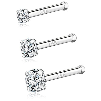 PunkTracker 20g 14K Real Gold Nose Rings CZ Simulated Diamond Nose Studs | Hypoallergenic Nostril Nose Piercing Jewelry for Women Men - color: 3pcs, 1.5/2/3mm, straight