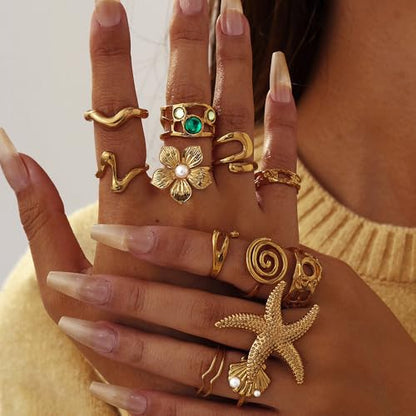 Chunky Gold Rings for Women Non Tarnish, Baroque Pearl Flower Tiger's Eye Stone Rings Adjustable Stacking Statement Rings Set Fashion Jewelry Gifts - style: Starfish/Flower/Shell