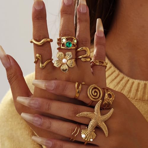 Chunky Gold Rings for Women Non Tarnish, Baroque Pearl Flower Tiger's Eye Stone Rings Adjustable Stacking Statement Rings Set Fashion Jewelry Gifts - style: Starfish/Flower/Shell