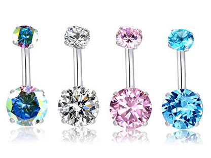 HQLA 14G Belly Button Rings Surgical Stainless Steel Round Cubic Zirconia Navel Barbell Stud Body Piercing - color: 4Pcs(Clear+AB Color+Pink+Blue)