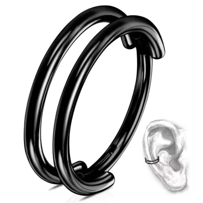 G23 Titanium Conch Piercing Jewelry Hoop: 16G 8mm/10mm/12mm Diamond Cartilage Earring Helix Double Piercing Hoop Septum Rings Hypoallergenic Nose Rings Hinged Segment Clicker Lip Rings Rook Daith Tragus Earrings - color: Black-Double Layers