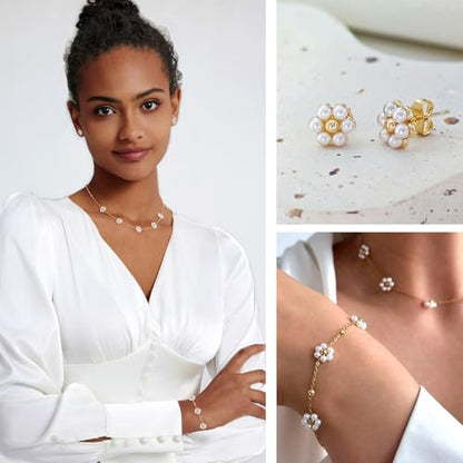 Zeffy Gold Pearl Necklace for Women, Dainty 14K Gold/Silve Plated Layered Pearl Choker Pearl Earrings Pearl Bracelets Wedding Trendy Gold Jewelry Set for Women Gifts - style: Gold Daisy Pearl Necklace Set-3PCS