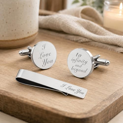 JUOOE Cufflinks for Men Tie Clip Set Cuff Links Personalized CuffLinks Gift for Groom Husband Father Boyfriend Stainless Steel Cufflinks Shirt Business Wedding Gifts - style: Silver I love you