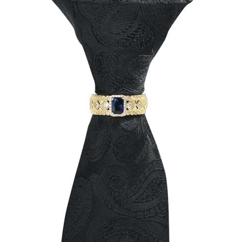 Sparkling Crystal Men's Neck Tie Ring Tie Clasp Necktie Clips Holder Tie Accessories with Box for Wedding Jewelry Gift - style: Gold Clips with Blue Square CZ