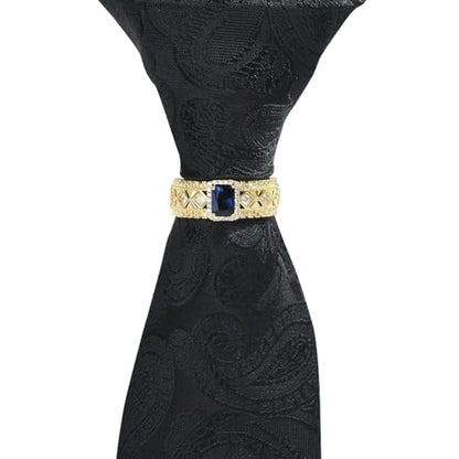 Sparkling Crystal Men's Neck Tie Ring Tie Clasp Necktie Clips Holder Tie Accessories with Box for Wedding Jewelry Gift - style: Gold Clips with Blue Square CZ