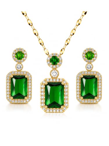 2pcs Cubic Zirconia Wedding Jewelry Sets for Women - Elegant CZ Necklace and Earrings Set with 18K Gold Plated Chain Jewelry Perfect as Special Occasion Gift - color: Green