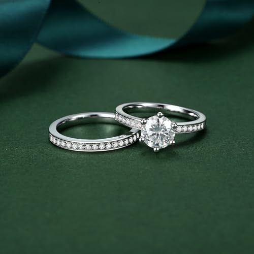 Moissanite Wedding Ring Set for Women D Color VVS1 Moissanite Engagement Rings 925 Sterling Silver Palladium and Rhodium Plated Promise Ring with Certificate - color: 1.9CTTW(1.5CT Center)