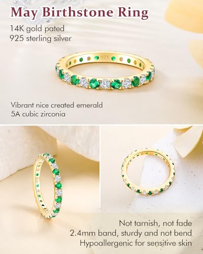 DAYBYDAY Sapphire/Emerald/Ruby Full Eternity Band Rings for Women, 2.4mm Thin Birthstone Stackable Rings, 925 Sterling Silver/14K Gold Plated Gemstone Wedding Band Anniversary Ring Size 6 to 10 - color: 05. Green Emerald & Cz, May, Gold Plated