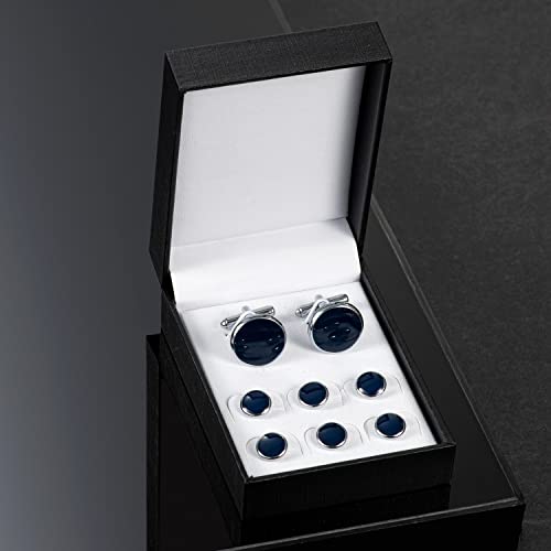 wynameleri Mens Cufflinks and Studs Set Blanks Round 4 Colors Shirt Tuxedo Buttons Packed in Cufflink Box for Business Wedding Jewelry - color: Navy Blue