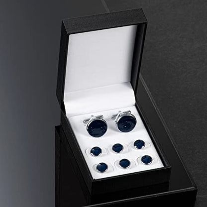 wynameleri Mens Cufflinks and Studs Set Blanks Round 4 Colors Shirt Tuxedo Buttons Packed in Cufflink Box for Business Wedding Jewelry - color: Navy Blue