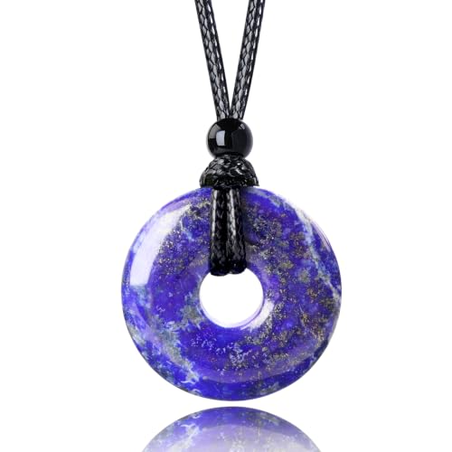 Anjiucc Natural Gemstone Pendant Necklce Lucky Coin Crystal Necklace Donut Pendnat with Adjustable Rope Healing Crystal for Men - color: Lapis Lazuli
