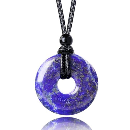 Anjiucc Natural Gemstone Pendant Necklce Lucky Coin Crystal Necklace Donut Pendnat with Adjustable Rope Healing Crystal for Men - color: Lapis Lazuli