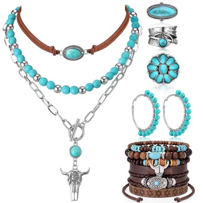 Ecally Bohemian Western Jewelry Turquoise Set Women Country Pendant Long Choker Layered Bracelets Earrings Ring for Women - color: Turquoise, style: Shiny