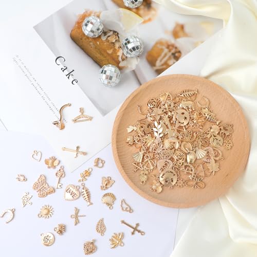 Resflyar 100 PCS Wholesale Bulk Lots Jewelry Making Charms, Mixed KC Gold Charms Pendants for Wedding Birthday Party Necklace Bracelet Jewelry Making and Craft DIY Supplies - color: Gold-100PCS
