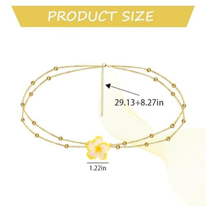 Plumeria Flower Belly Chains for Women Girls Gold Beads Waist Chains Double Layer Hawaiian Flower Body Chain for Summer Beach Adjustable Floral Belly Belt for Teen Girls Sexy Bikini Accessories