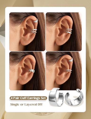 LOLIAS 4 Pairs Ear Cuffs Non Piercing - 14K Gold Plated Ear Cuff Earrings for Women Ear Cuff for Non Pierced Ears Clip on Cartilage Earring Adjustable Fake Earrings Set - style: Chunky-White Gold Plated