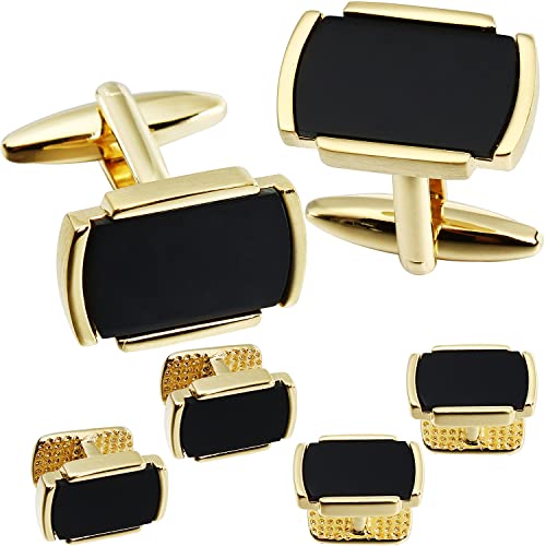 HAWSON Cufflinks and Studs for Men-Mens Fashion Cufflinks and Tuxedo Shirt Studs Set for Regular Weeding Business Accessories - color: Gold + black stone set