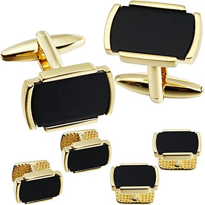 HAWSON Cufflinks and Studs for Men-Mens Fashion Cufflinks and Tuxedo Shirt Studs Set for Regular Weeding Business Accessories - color: Gold + black stone set